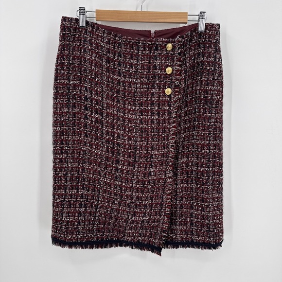 Talbots Dresses & Skirts - Talbots Womens Tweed Burgundy Fringe Pencil Skirt Sz 12 Office Academia Career